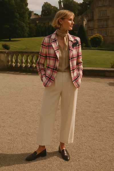 GZ Design Siyah Pul Işlemeli Yünlü Pembe Ekose Kaşe Ceket