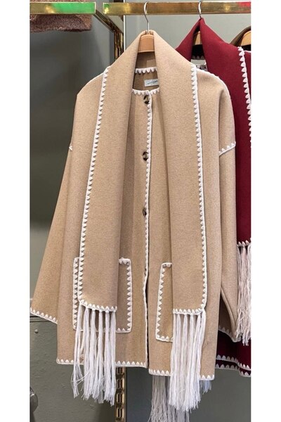 Zeynolya Butik كارديجان فيروال مع وشاح قهوة الحليب، كارديجان كشمير عالي الجود...