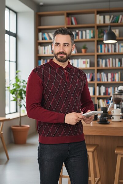 Kamalı Men's Steel Knit Diamond Patterned Shirt Collar Zippered Polo Collar Anti-Pilling Knitwear Winter Dad Sweater