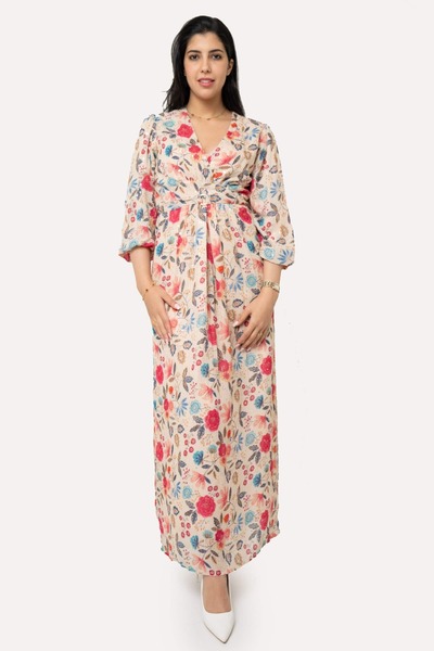 Yola Women's Long Dress with Waist Belt and Printed Neckline