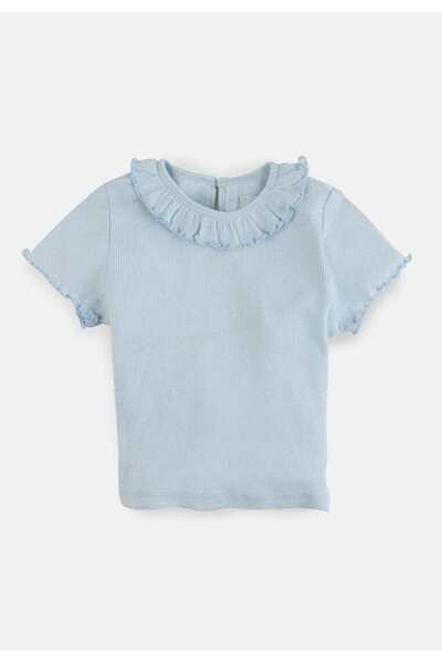 Gingersnaps بلوزة بناتية سادة مضلعة بأكمام قصيرة وياقة مكشكشة