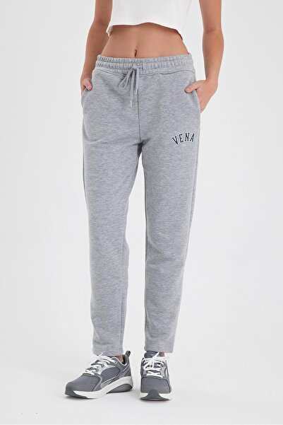 VENA Kadın Logo Baskılı Regular Fit Pamuklu Eşofman Altı-Gri Melanj