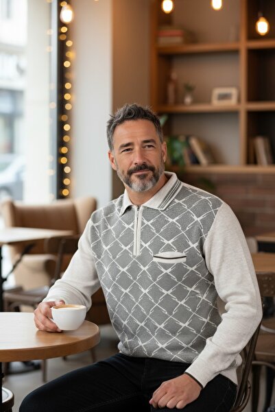 Kamalı Ανδρικό πλεκτό πουκάμισο από ατσάλι με γιακά τσέπη με φερμουάρ και λαιμόκοψη πόλο με μοτίβο που δεν κολλάει χειμωνιάτικο πουλόβερ