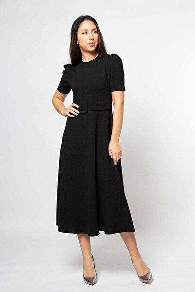 mica Plain Midi Dress with Short Sleeves and Waist Belt