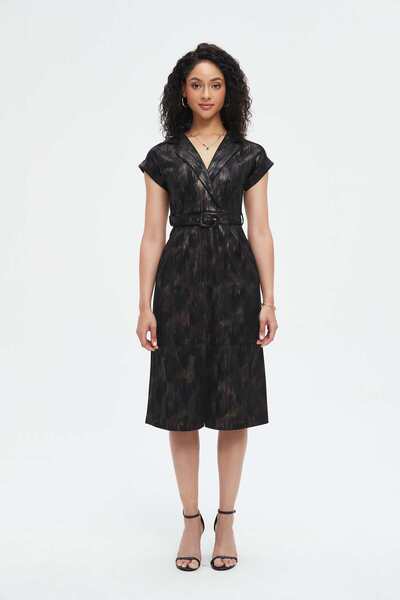 Nichii Women's Midi Dress with Short Sleeves, Long Collar, and Waist Belt