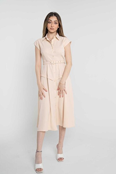 Nichii Women's Short Sleeve Plain Midi Dress with Front Buttons