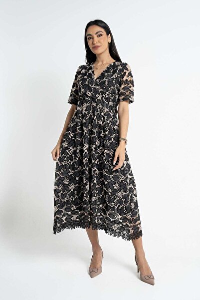 Nichii Womens' Short Sleeve Midi Dress with Leaf Design