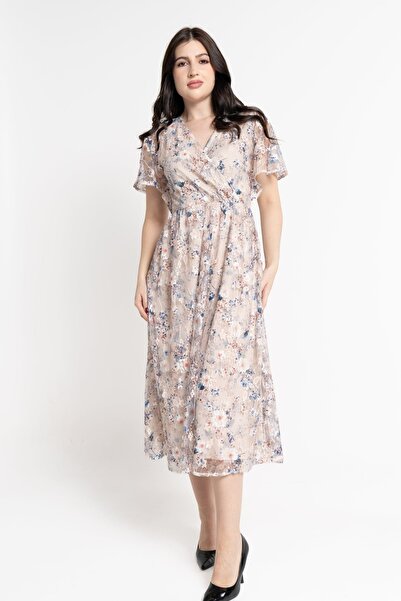 Nichii Women's Floral Print Midi Dress with Butterfly Sleeves