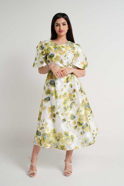 mica Floral Short Sleeve Puff Midi Dress