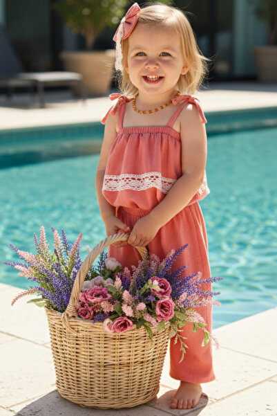 Parla Kids Girl's Pera Salmon Şile Cloth Strap Lace Detailed Jumpsuit Buckle Set