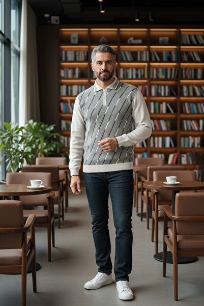 Kamalı Erkek Çelik Örgü Baklava Desenli Gömlek Yaka Fermuarlı Polo Yakalı Tüylenmez Triko Kışlık Baba Kazak