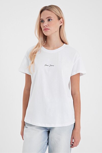 VENA Γυναικείο μπλουζάκι με λογότυπο με λαιμόκοψη με κανονική εφαρμογή-Λευκό