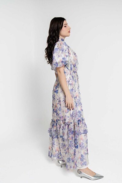 Nichii Floral Short-Sleeve Maxi Dress with Ruffles
