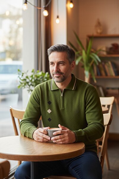 Kamalı Χακί ανδρικό πλεκτό πουλόβερ με φερμουάρ Intarsia Gofra με λαιμόκοψη