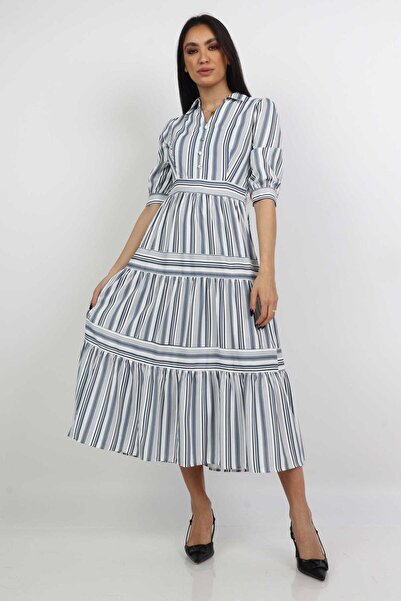 mica Striped Midi Dress with Short Sleeves