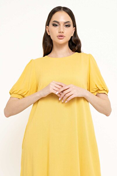 Nichii Women's Solid Midi Dress with Pleats and Short Sleeves