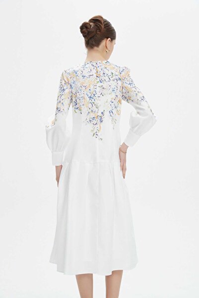 Nichii Women's Floral Long Sleeve Midi Dress with Waist Detail