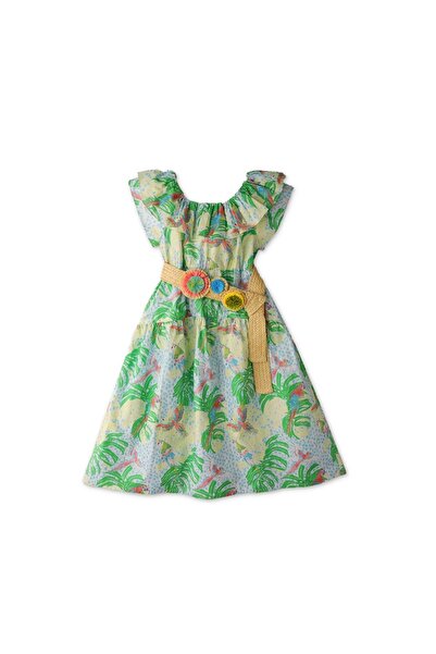 Gingersnaps Girls' Green Floral Dress with Short Sleeves and Ruffles