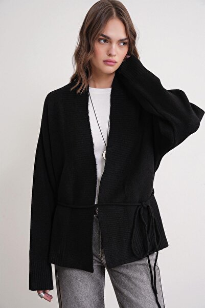 Mixray 6966 Women's V-Neck String Tie Knitwear Cardigan Black
