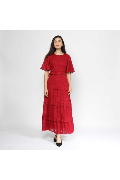 Nichii Maxi Checkered Flutter Sleeve Dress