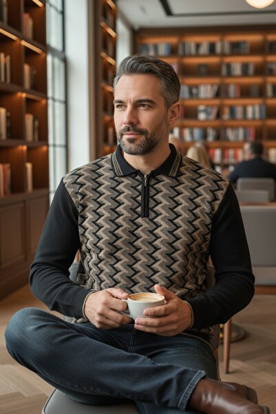 Kamalı Men's Winter Dad Sweater - Plaid Pattern, Shirt Collar, Zippered, Polo...