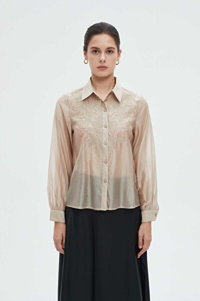 mica بلوزة نسائية طويلة بياقة وأكمام طويلة وأزرار أمامية