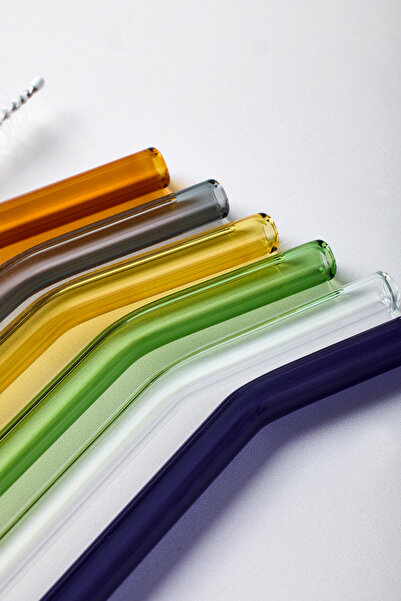 Perotti Straw 6'lı Renkli Cam Eğimli Isıya Dayanıklı (Borosilikat) Pipet Ve 1 Adet Pipet Temizleme Fırçası