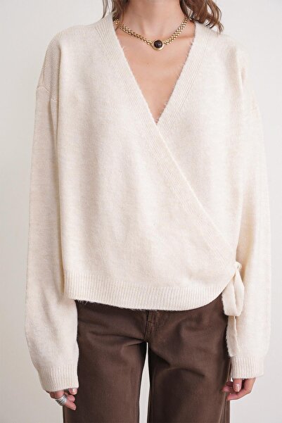 Mixray 6959 Women's Bow Knit Cardigan Natural