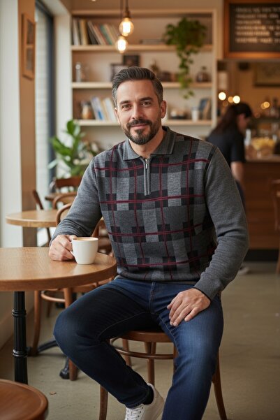 Kamalı Erkek Çelik Örgü Oduncu Desenli Gömlek Yaka Fermuarlı Polo Yakalı Tüylenmez Triko Kışlık Baba Kazak