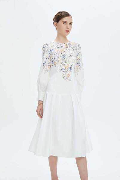 Nichii Women's Floral Long Sleeve Midi Dress with Waist Detail