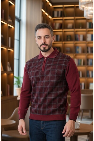 Kamalı سترة تريكو رجالية بياقة بولو بنمط هاوند تايد، لون بوردو، مقاومة للوبر،...