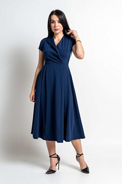 Nichii Short Sleeve Wide Collar Midi Wrap Dress