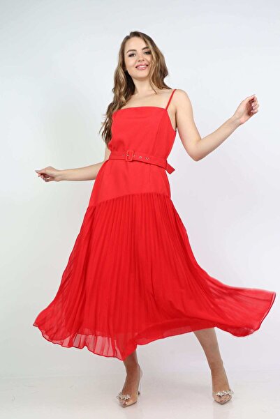 mica Pleated Midi Dress with Evening Straps and Waist Belt