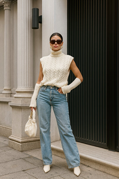 ParlaMira Blugi de damă cu talie înaltă, cu detaliu de pliere la picioare, cu croiala palazzo