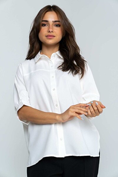 Nichii Women's Oversized Plain Button-Up Short Sleeve Shirt