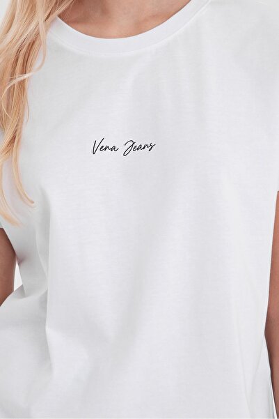 VENA Γυναικείο μπλουζάκι με λογότυπο με λαιμόκοψη με κανονική εφαρμογή-Λευκό