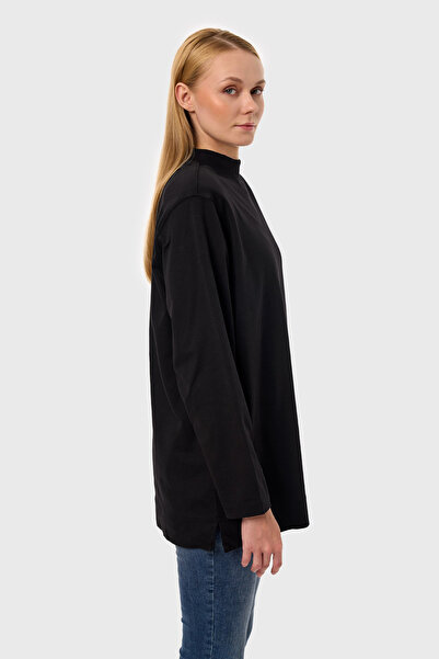 qanpaq Turey - Black Women's Embroidered Snap Fastener Padded Stand Collar Oversized Long Sleeve Basic
