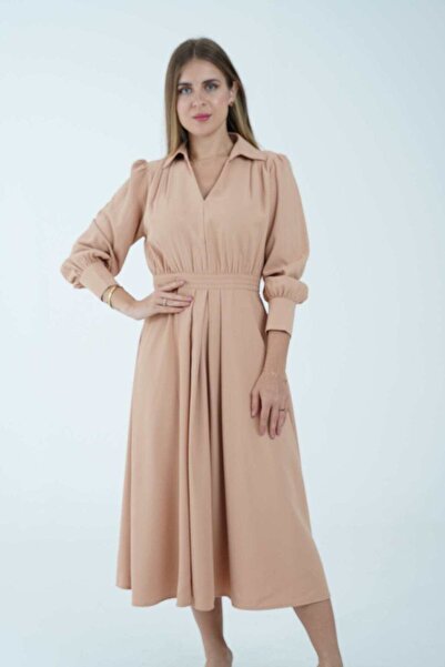 Nichii Women's Plain Midi Dress with Long Sleeves and Fitted Waist