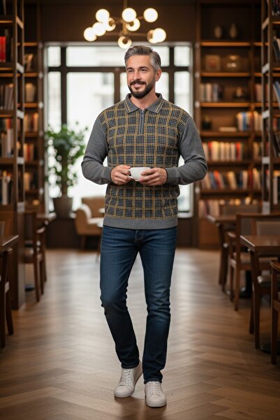 Kamalı Collared Dad Sweater Striped Dad Sweater Dad Knitwear Collared Men's Sweater Polo Collar