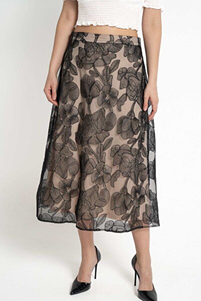 mica Embroidered Chiffon Midi Skirt