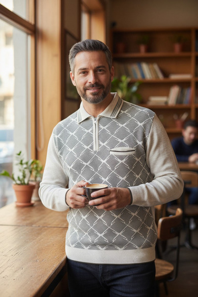 Kamalı Ανδρικό πλεκτό πουκάμισο από ατσάλι με γιακά τσέπη με φερμουάρ και λαιμόκοψη πόλο με μοτίβο που δεν κολλάει χειμωνιάτικο πουλόβερ