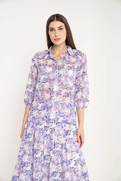 mica بلوزة مزهرة بأزرار أمامية وأكمام 3/4