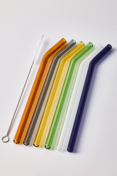 Perotti Straw 6'lı Renkli Cam Eğimli Isıya Dayanıklı (Borosilikat) Pipet Ve 1 Adet Pipet Temizleme Fırçası