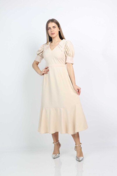Nichii Short Puff Sleeve Midi Dress with Collar