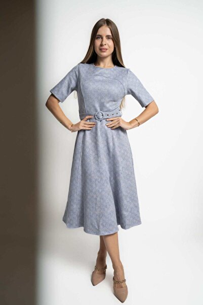 mica Midi Checkered Dress with Half Sleeves and Waist Belt