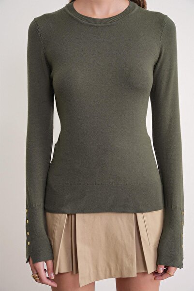 Mixray 6736 Γυναικείο πλεκτό πουλόβερ με λαιμόκοψη και μανίκια σε χακί χρώμα