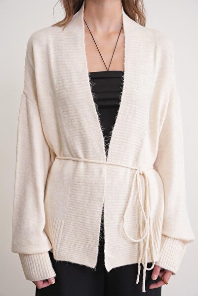 Mixray 6966 Women's V-Neck Rope Tie Knitwear Cardigan Natural