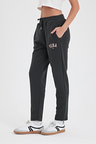 VENA Жіночі штани з логотипом, регулярного крою, з бавовняної тканини - антрацит