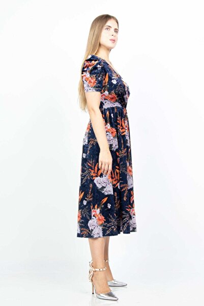 Nichii Floral Midi Dress with Short Sleeves and Flared Hem