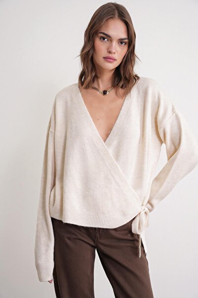 Mixray 6959 Women's Bow Knit Cardigan Natural